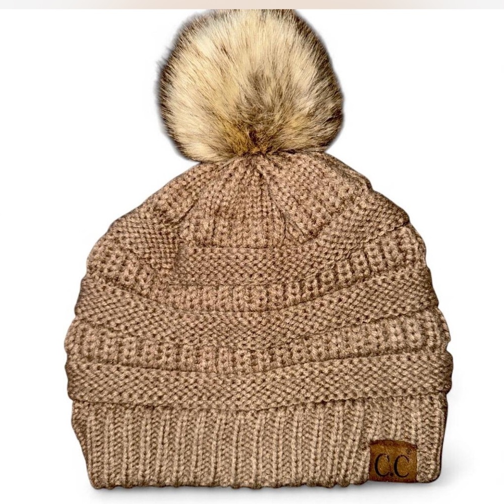 CC Boutique Tan Knit Beanie with Faux Fur Pom